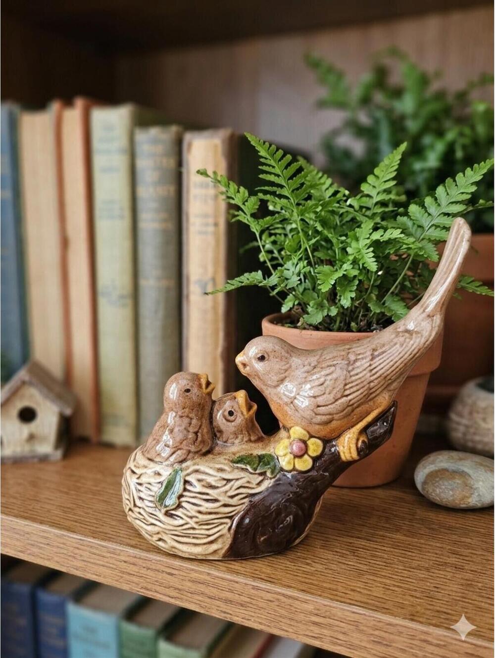 Vintage 6" Mother Bird amd Chicks in Nest Ceramic Figurine Earthy Gloss Finish
